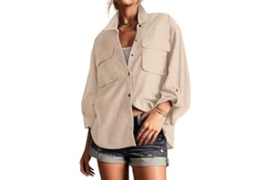 Lepunuo Womens Shacket Long Sleeve Shirt Jacket Button Down Linen Roll-up 3/4 Sleeves Shirts Blouses Tops Streetwear