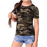 RoseSeek Girl's Camo Print Short Sleeve Tee Shirt Crew Neck Summer Casual Tee Tops