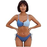 MONRADO Women’s Textured U-Wire Bikini Set, 2 Piece Adjustable Spaghetti Strap Swimsuit, Tie-Side High-Cut Bottom (Blue Block- Size M)