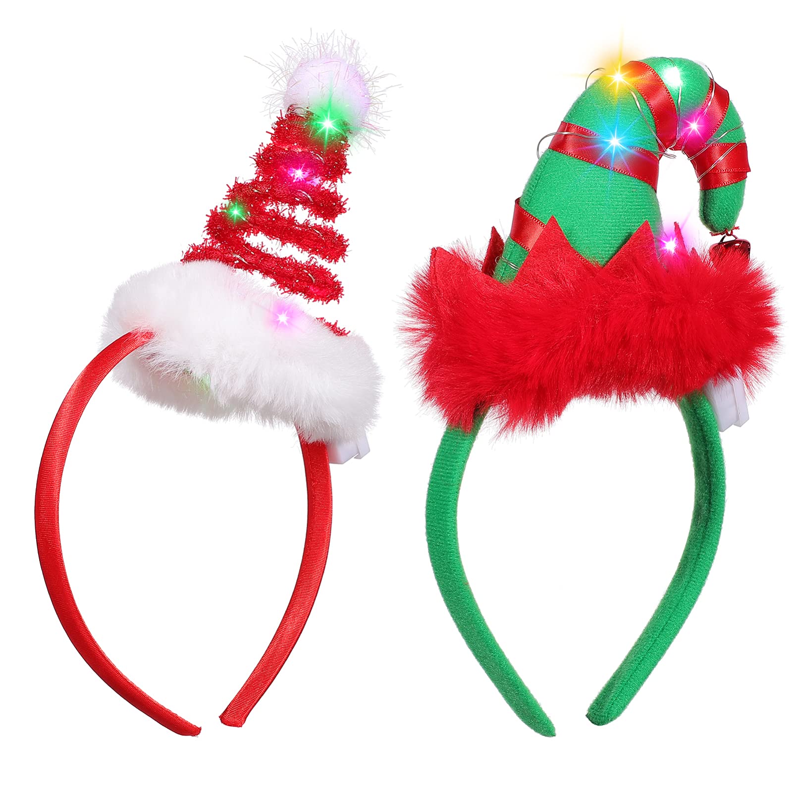 FRCOLOR Christmas Light up Headband Santa Hat Headband Christmas Heas Head Boppers Feather Light up s Hairband for Women, Girls for Holiday Party, 2PCS(Green, Red)