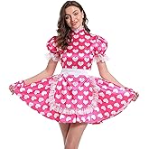 Hoplizy Women Sissy French Maid Costume Puff Sleeves Heat Printed Dress Uniform