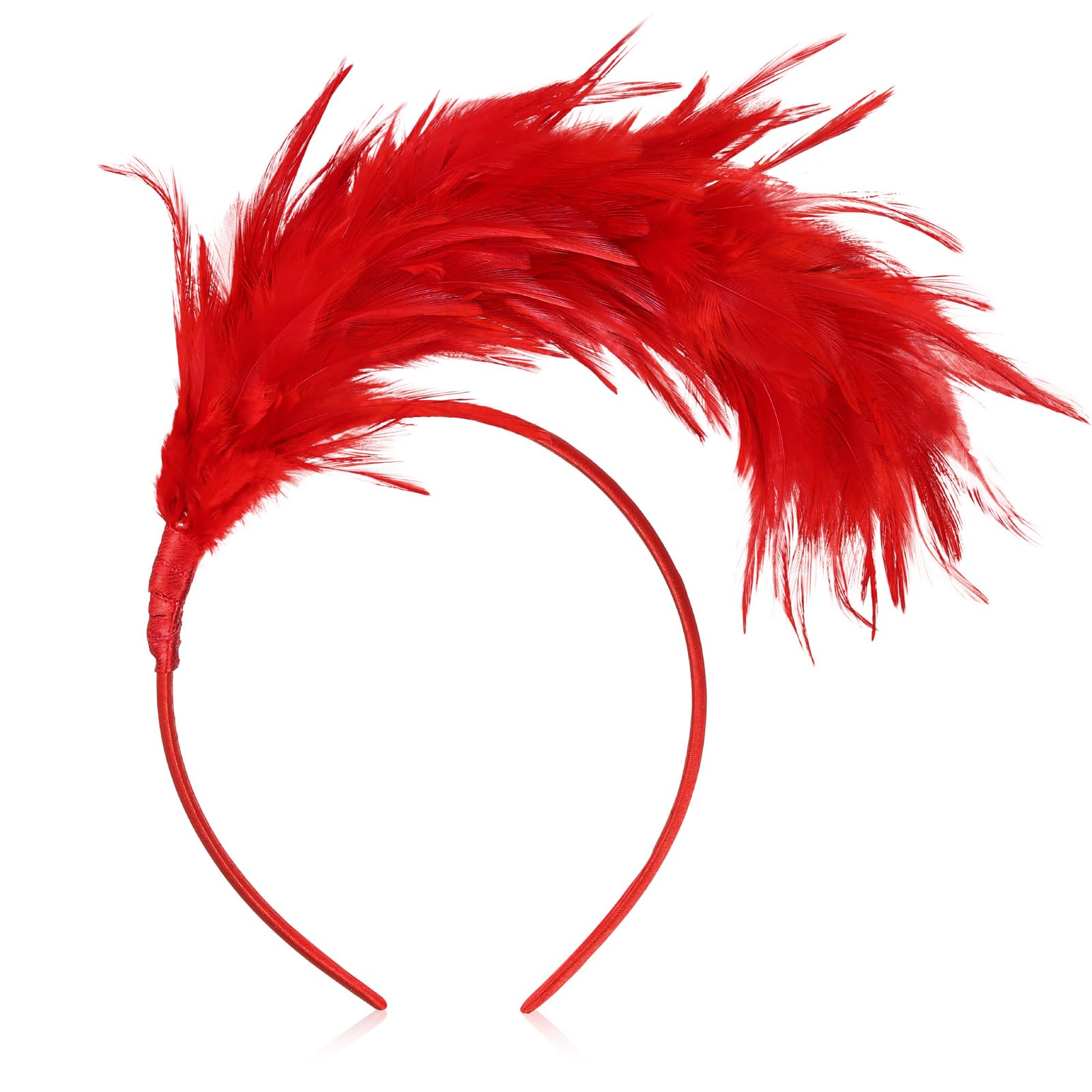 Dilunave Colorful Feather Headband Fascinator Cosplay Hair Bands Carnival Party Headdress Rainbow Headband Feather Headdress Costume for Easter Day, Wedding, Halloween Party(Red)