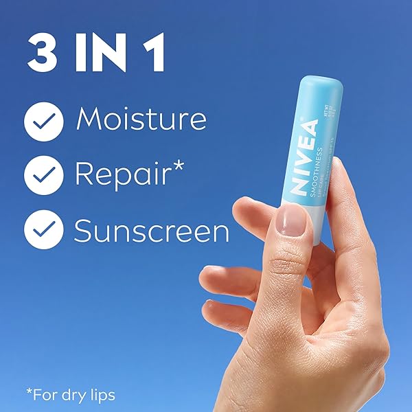 NIVEA SMOOTHNESS LIP CARE, SUNSCREEN LIP BALM WITH SPF 15 BROAD SPECTRUM, SHEA BUTTER, NOURISHING OILS AND VITAMIN C & E, 3-IN-1 MOISTURE, REPAIR AND SUNSCREEN, 0.17 OZ STICK, PACK OF 4
