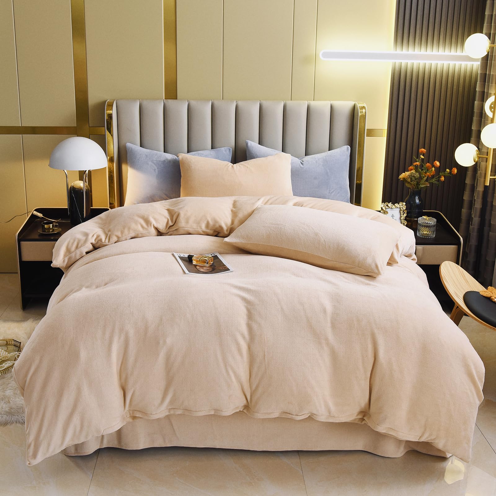 ZIQINPSQ Velvet Duvet Cover Set,Solid Flannel Comforter Cover 3Pcs Ultra Soft Fuzzy Cover with Zipper Closure Corner Tie. (Beige, King) — image 1
