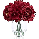 Artificial Flowers Silk Peonies Hydrangea in Vase with Fake Water, Fake Classical Red Roses Bouquet Arrangement with Vase for Home Wedding Party Valentines' Decor Table Centerpieces & Mom's Gift
