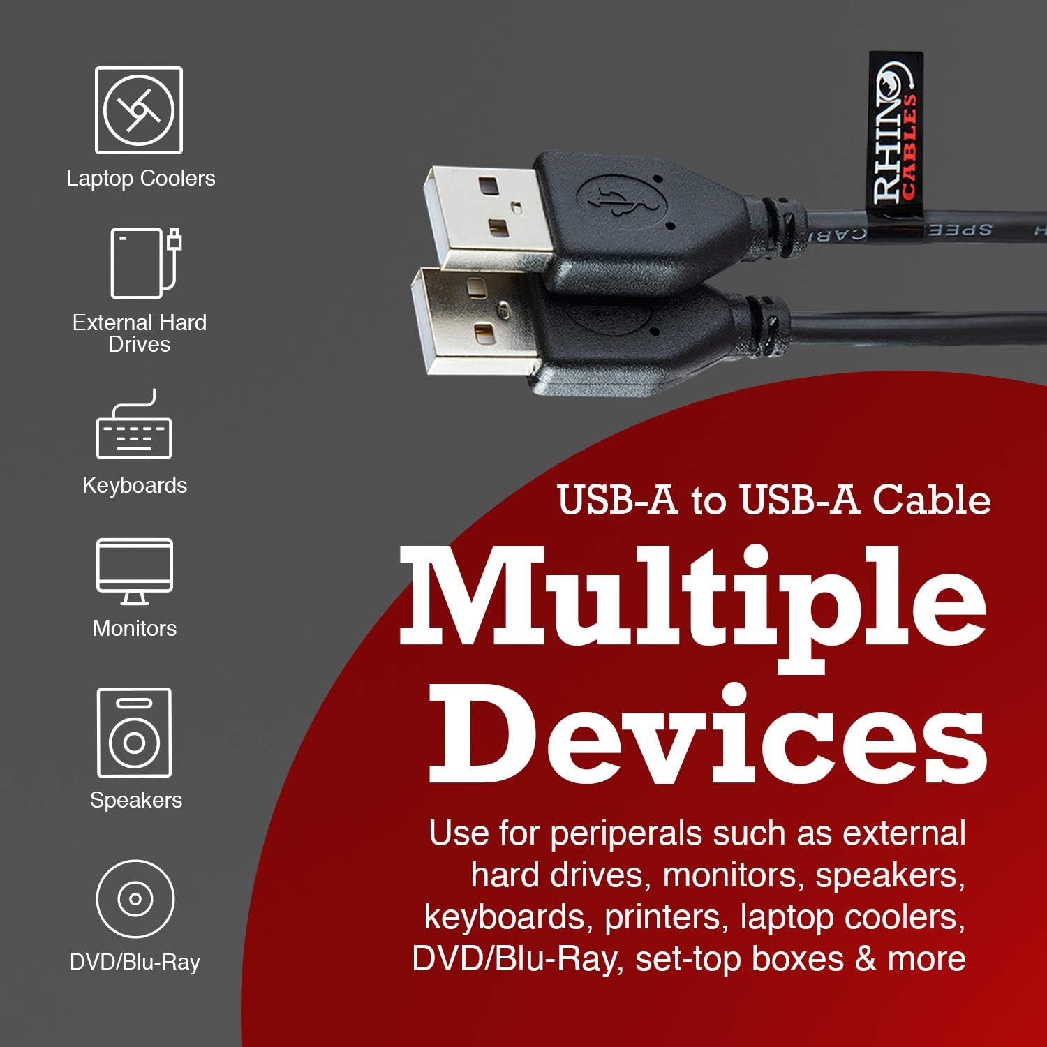 rhinocables USB 2.0 A to A Extension Cable - High-Speed 480 Mbps Male Lead for Printers Hard Drives, Keyboards, Scanners & USB Hubs - Image 4