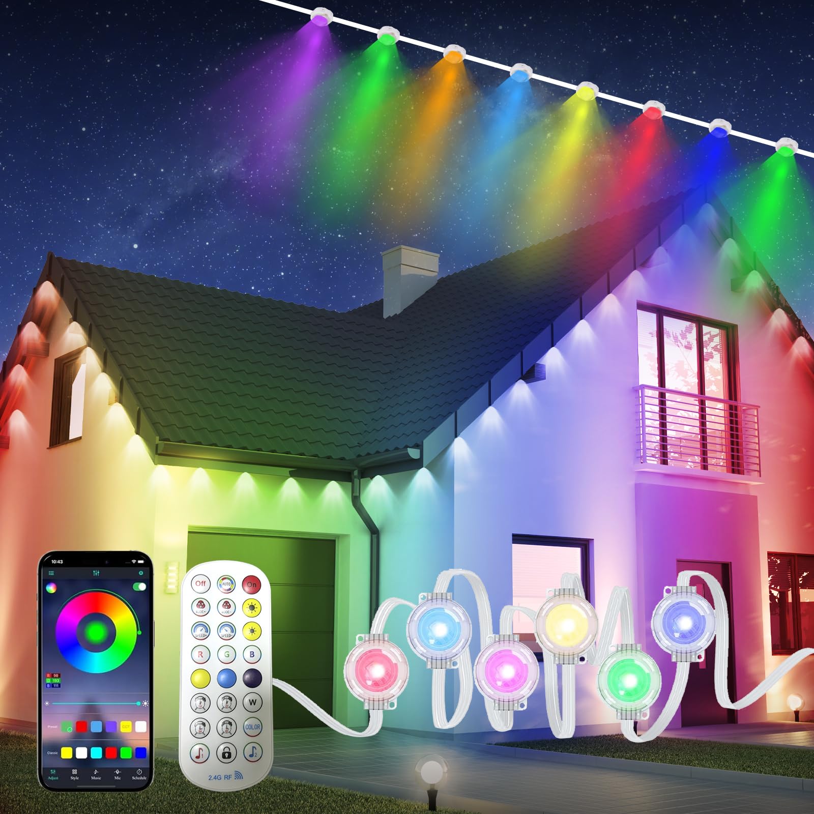 Photo 1 of GDKJWIM 100ft Permanent Outdoor Lights with 4 Control Methods, RGB Smart Outside Year Round Led Lights for House, 72 Led Bulbs Waterproof Permanent Christmas Lights Work with Google Assistant/Alexa
