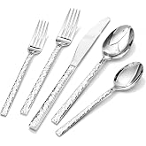 40 Piece Hammered Silverware Set, 18/10 Stainless Steel Flatware Set for 8 | KINGSTONE Mirror Polished Knives Forks Spoons Utensils, Cutlery Set for Home, Party, Wedding, Housewarming, Dishwasher Safe