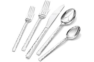 KINGSTONE 40 Piece Hammered Silverware Set, 18/10 Stainless Steel Flatware Set for 8, Cutlery Set for Home, Party, Wedding, M