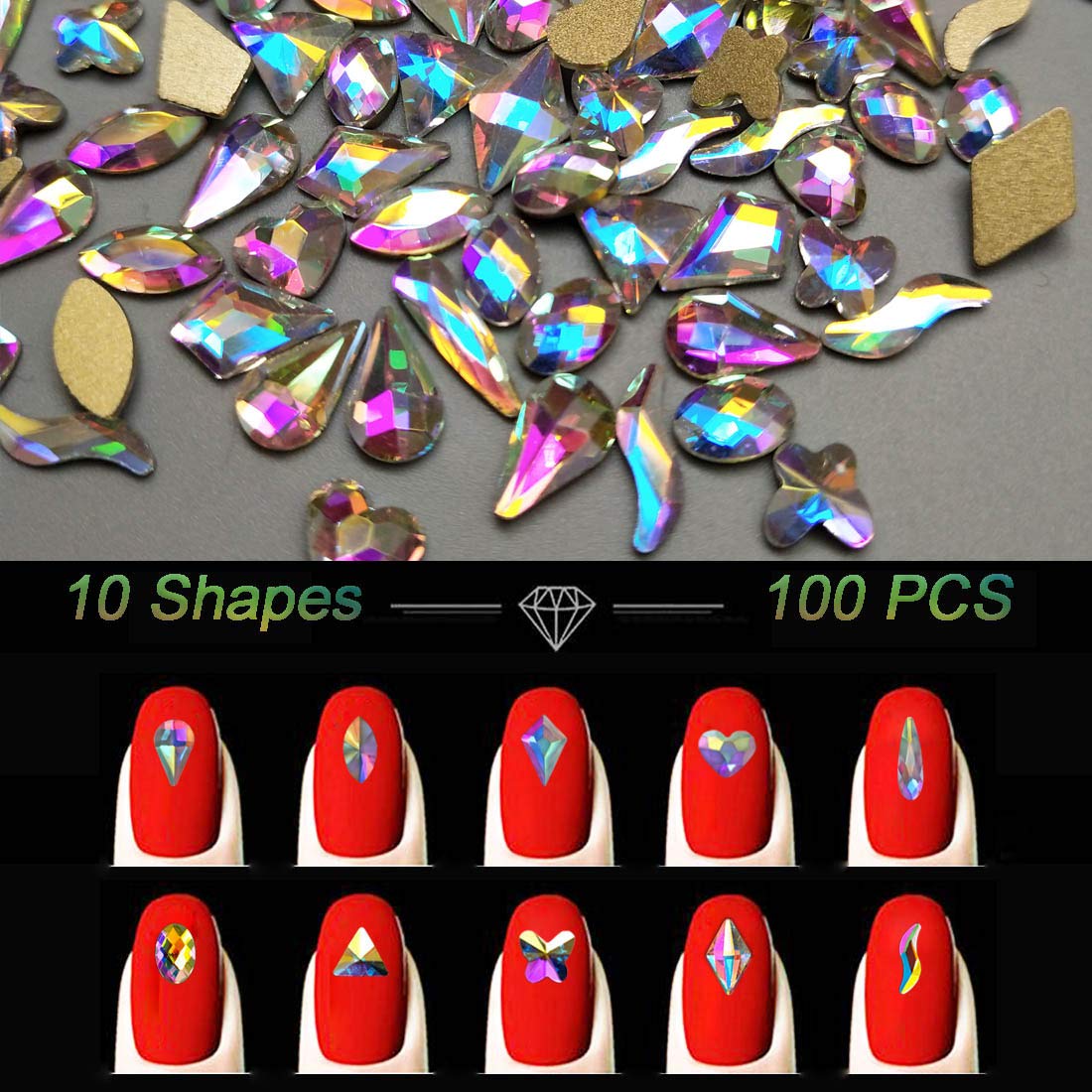 AB Crystal Rhinestones Set 100+1728 Pcs, Round and Multishape AB Glass Rhinestone, Flatback AB Crystals for Nails Clothes Face Jewelry: Beauty