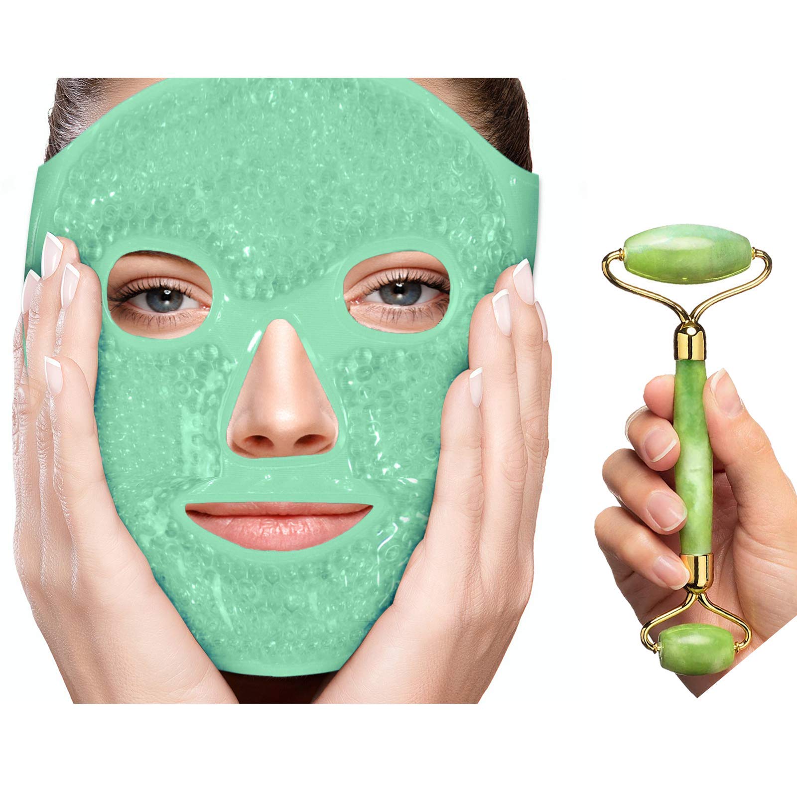 Gel Face Mask + Jade Roller, Face Roller Massage Tool - Hot Cold Therapy Gel Facial Eye Mask Set for Wrinkles Fine Lines & Anti Aging, Puffy Eyes, Migraines, Headaches, Pain Relief with Soft Back