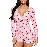 VFURYGD Women Heart Print Romper Butt Flap Onesie Pajama Button Down Long Sleeve Sexy Bodysuit Sleepwear