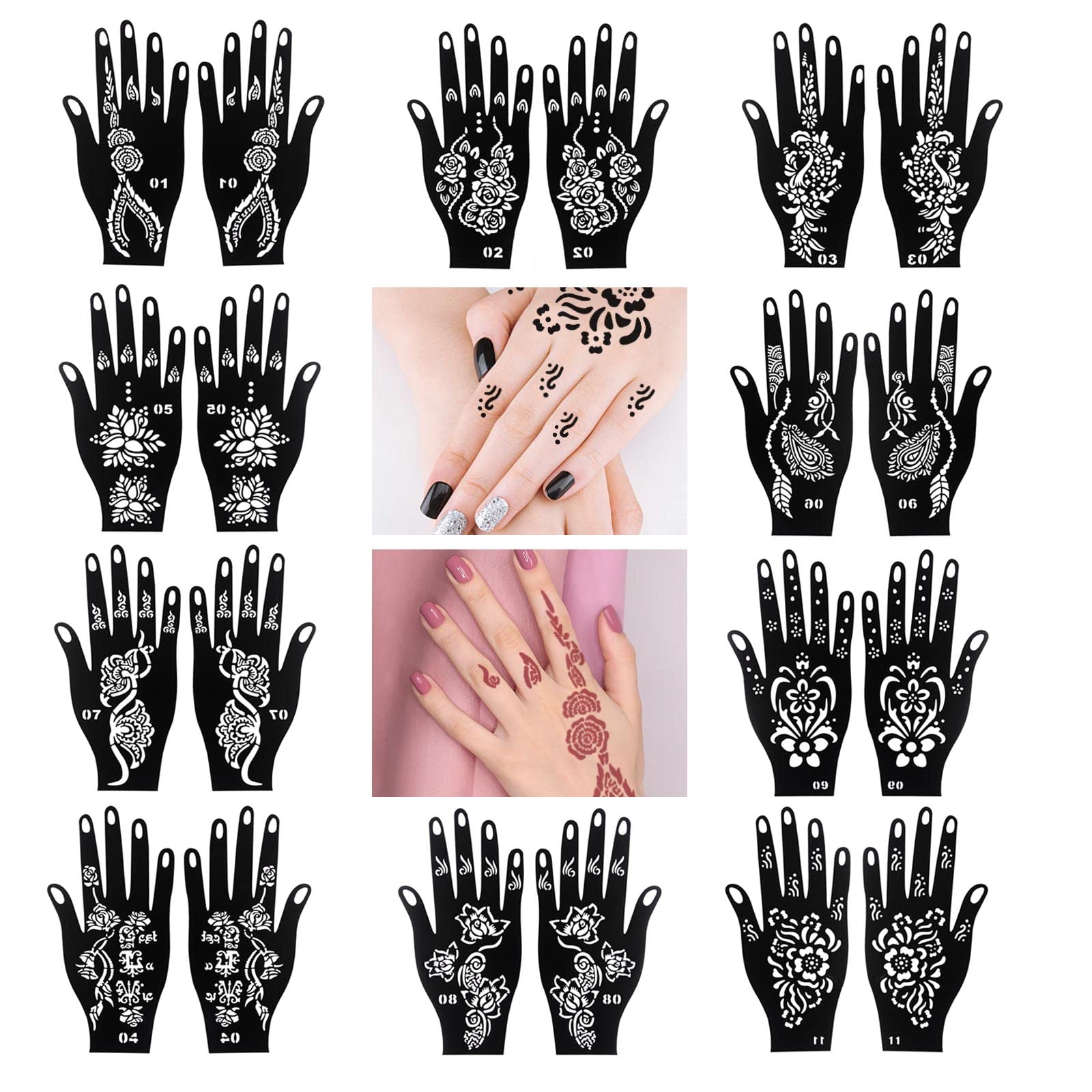 MUNSKT 20 Pieces Hand Shape Tattoo Stencil Sticker Set, India Henna Temporary Body Painting for Women Girl, Easy to Use DIY Flower Leaf Pattern Templates