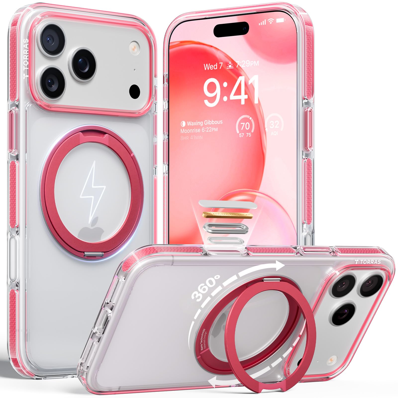 Photo 1 of TORRAS 360 Magnetic Stand for iPhone 17 Pro Max Case, [Fit for MagSafe] [Military-Grade Protection] Slim Case for iPhone 17 Pro Max 6.9" 2025, Clear-Pink, Ostand O3 Fitness Series