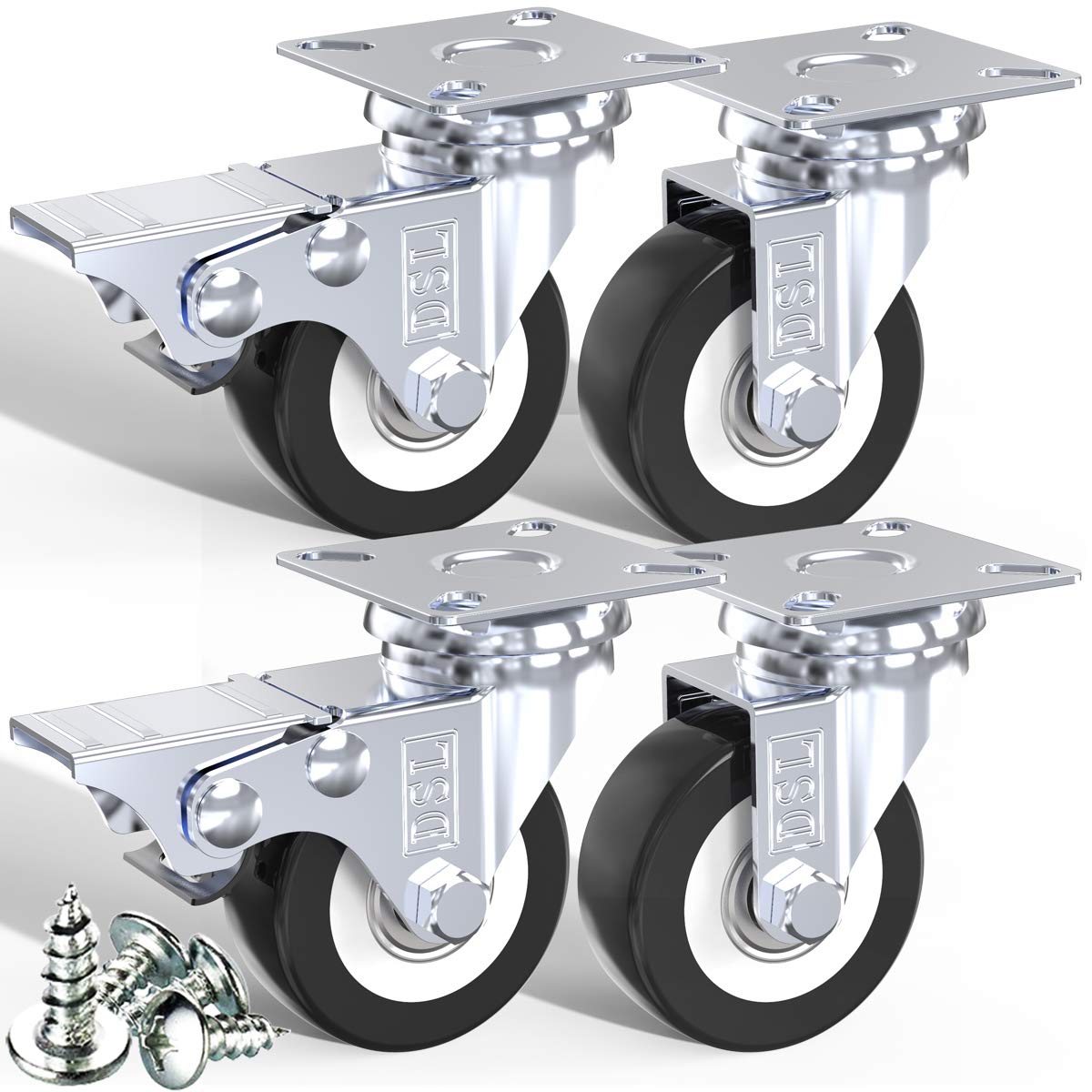 DSL Castor Wheels, Heavy Duty Castors 50mm, Caster Wheel Set of 4 Trolley Furniture Wheels - Double Bearing 2 Castor with 2 Braked Rubber up to 240KG + Free Fitting