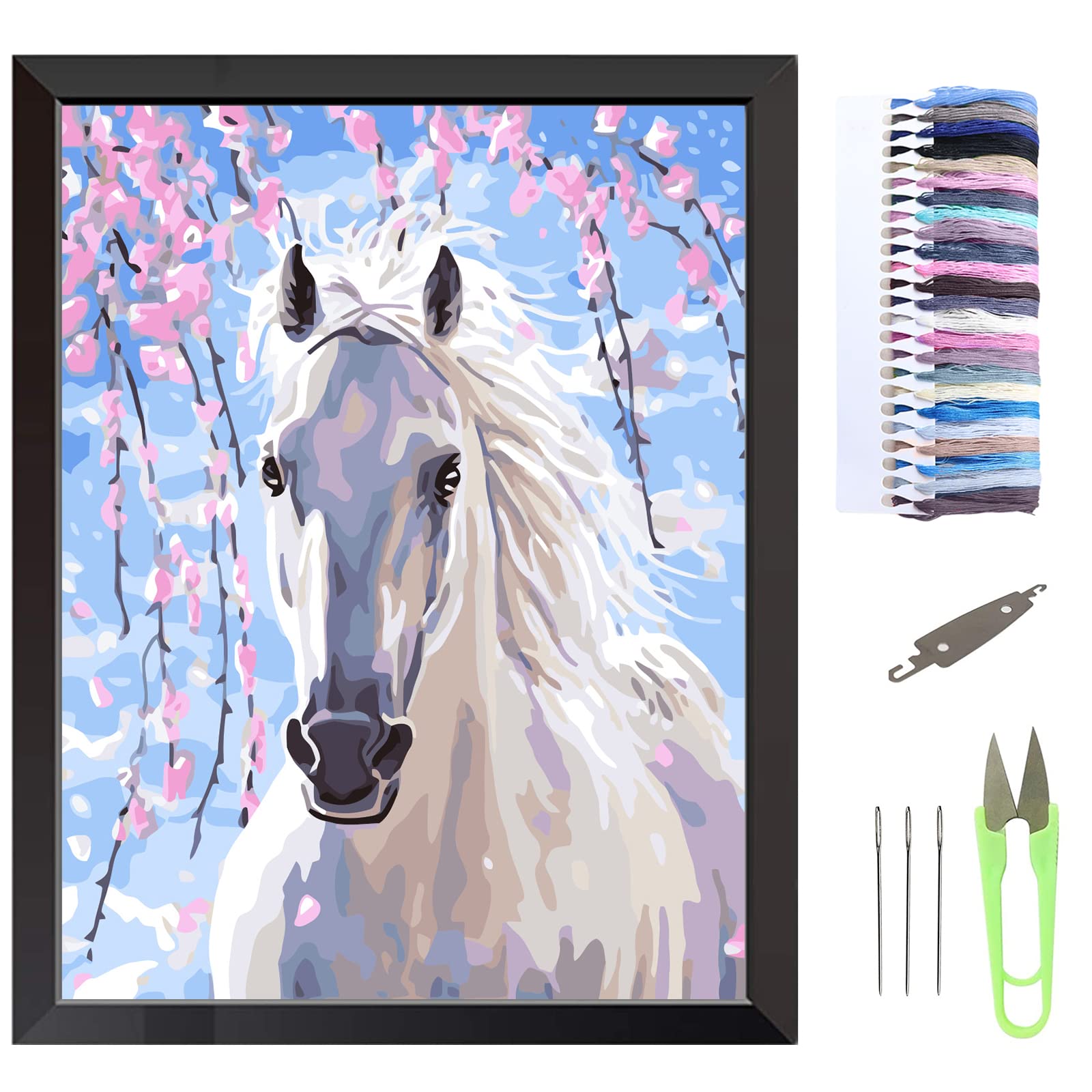 VEGCOO Embroidery Cross Stitch Kits for Adults Beginners, Horse Pre Printed Embroidery Cross Stitch Kit 11CT Needlework Kit DIY Artwork for Adults Home Decor or Gifts (Horse, 30 × 40 cm)