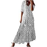 Summer Dresses Women 2024 Casual Bohemian Loose Fit V-Neck Half Sleeve Geometric Maxi Long Dress Tiered Sundress