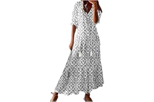 GOHRSHA Boho Long Summer Dresses for Women 2024 Vintage Maxi Dress Ethnic Floral Print Boho Dress V Neck Short Sleeve Sundress