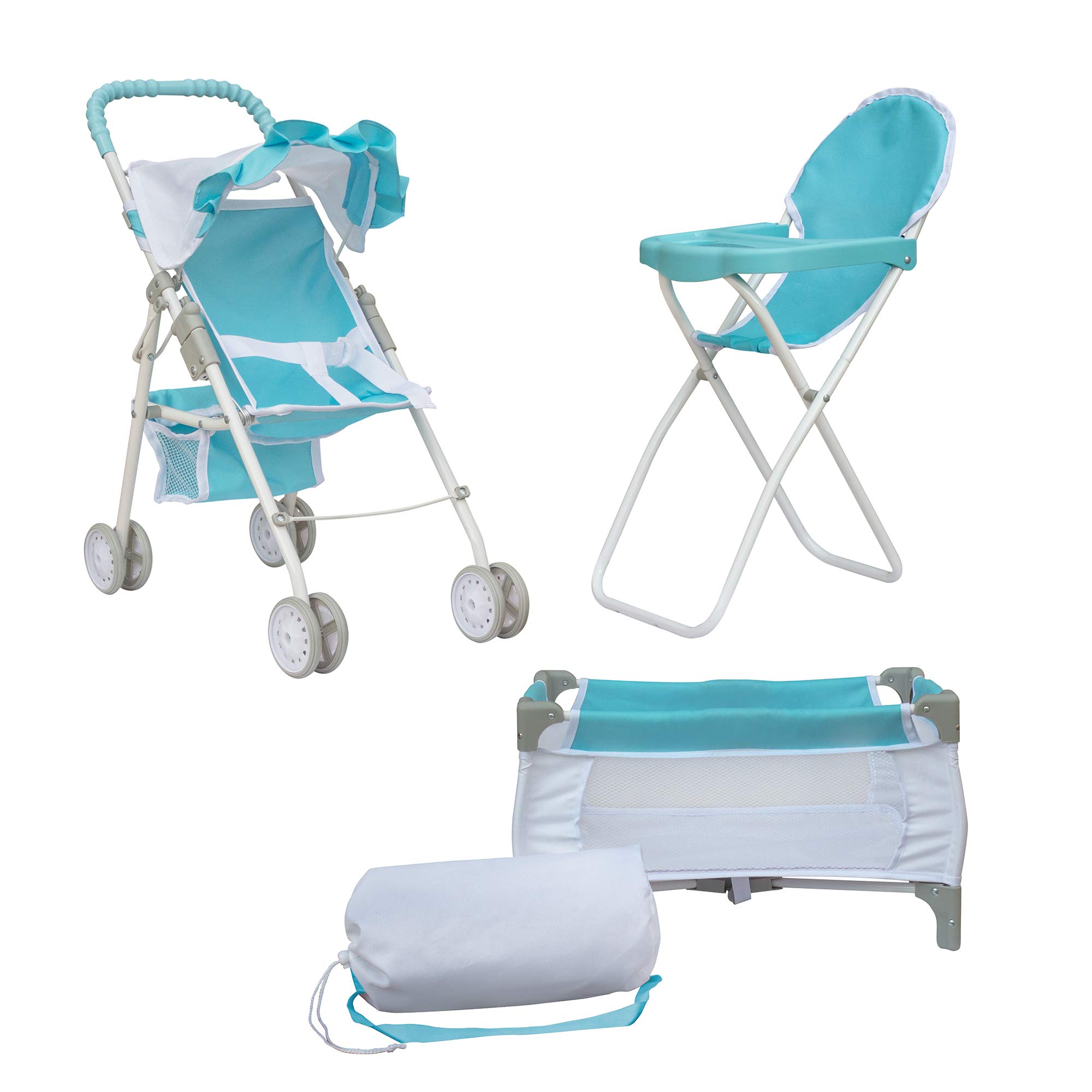 Olivia's Little World 3-in-1 Doll Pushchair Stroller, Doll High Chair & Cot Set OL-00013