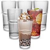 CHPINDAM Drinking Glasses,19oz Ribbed Glassware,6 Pack Old Fashioned Glasses,Thickened glass for iced coffees, smoothies, cocktails and juices, perfect for families and parties (6)