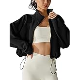 SHELOOKS Womens Fleece Short Jacket Long Sleeve Full Zip Stand Collar Sherpa Crop Coat