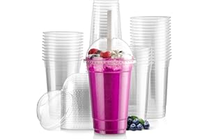 [100 Pack] 20 oz Clear Plastic Cups with Dome Lids, Disposable Iced Coffee Cups, BPA Free Crystal Cup for Party, Smoothie, Ju