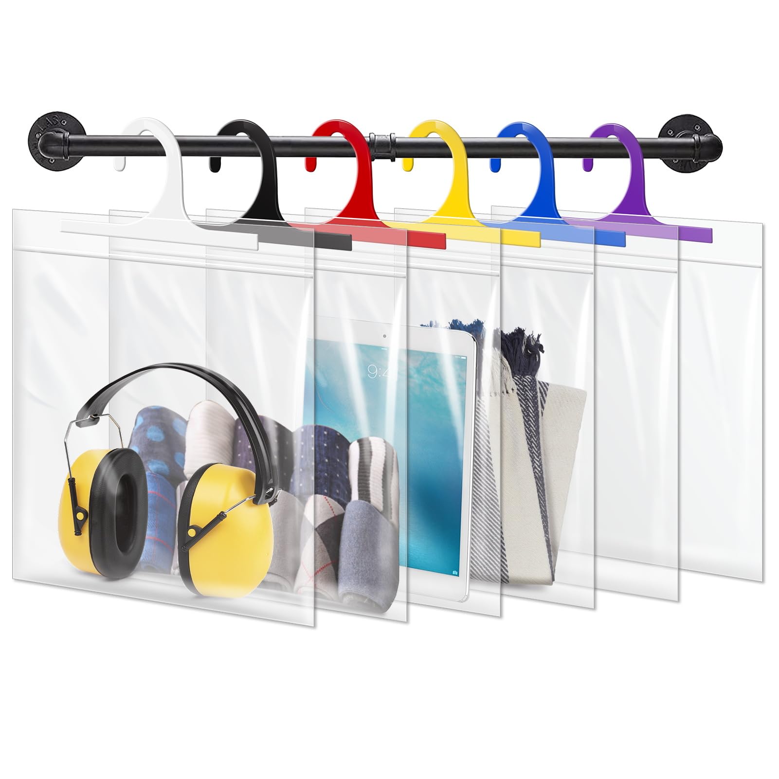 Photo 1 of 24 Pack Hanging Storage Bags, Headphone Storage Bags, Colorful Large Hook 10 x 12.5-inch Clear Plastic Bags for Classroom, Library, and Pharmacy Use