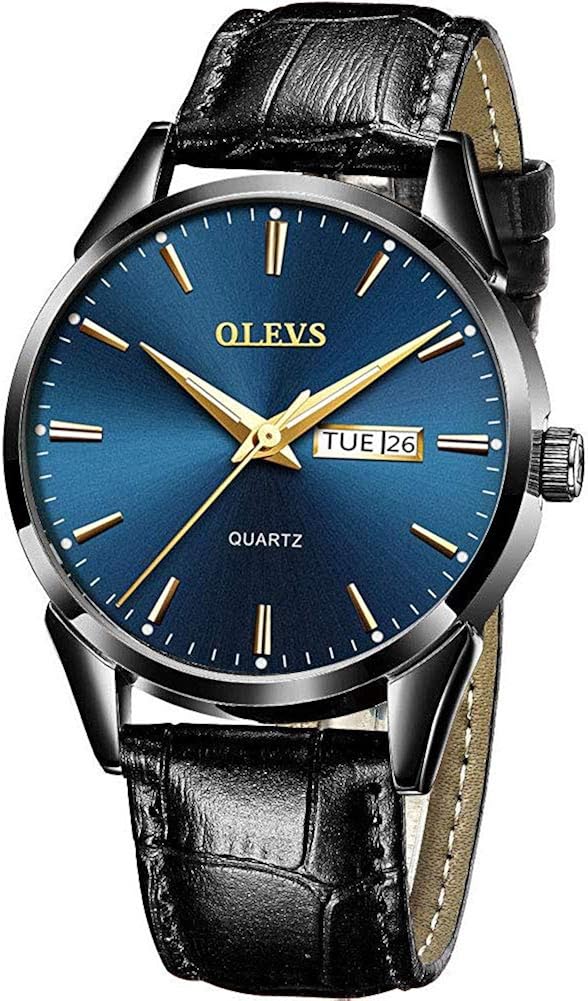 OLEVS Men Watch Black Leather Strap Large Blue Face Analog Quartz