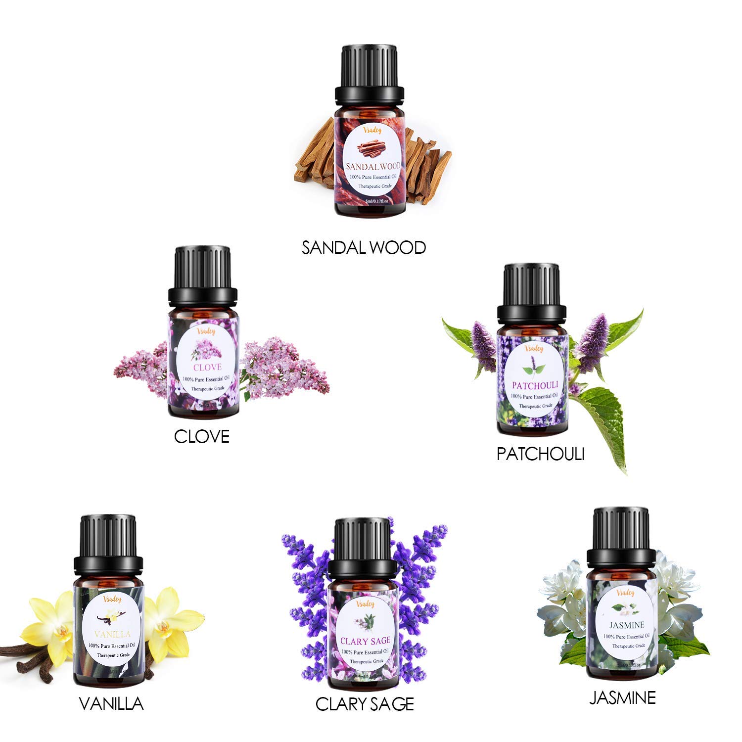VSADEY Essential Oils Set 100% Pure Aromatherapy Essential Oil Kit for Diffuser, Humidifier, Massage, Skin Care - Lavender, Eucalyptus, Peppermint, Tea Tree, Sweet Orange, Lemongrass (20 x 5ml): Beauty