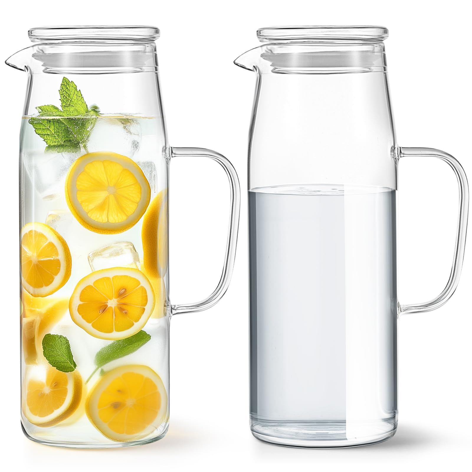 Photo 1 of Hsei 2 Sets Glass Pitcher with Lid, 67.6 oz / 2000 ml Water Carafe with Handles Hot Cold Beverage Water Jar Glass Jug for Tea Juice Milk Coffee Iced Beverage (Glass Lid)
