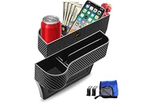 LEYACS Car Seat Gap Filler, Premium Leather Car Seat Gap Filler Organizer with Cup Holder, Car Seat Organizer with Two Seat Hooks, Can Hold Cell Phone, Keys, Cards, Canned Drinks - 2 Pack, Black