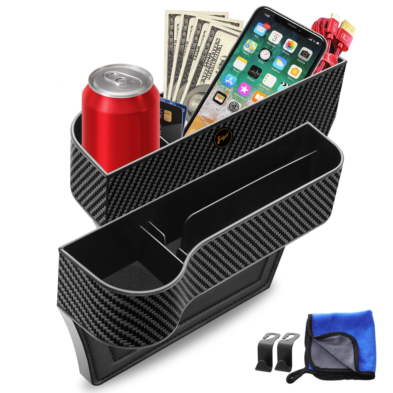 Photo 1 of LEYACS Car Seat Gap Filler, Premium Leather Car Seat Gap Filler Organizer with Cup Holder, Car Seat Organizer with Two Seat Hooks, Can Hold Cell Phone, Keys, Cards, Canned Drinks - 2 Pack, Black