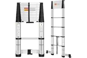 DEZEX Telescoping Ladders 12.5 FT Aluminum Lsdder - One-Button Retraction Collapsible Extension Ladder for Home,RV,Attic,Lasts 330 LBS with Swivel Feet and Non-Slip Cushion