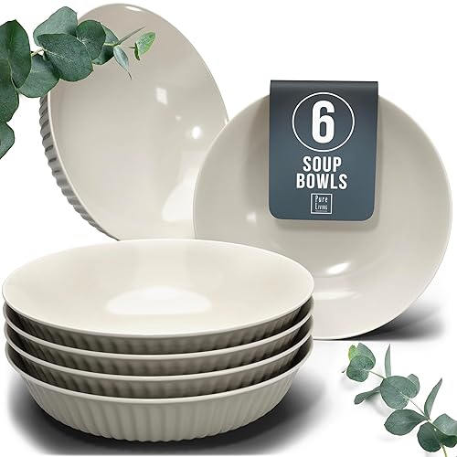 Stylish Soup Plate Set Hygge Series - Premium Stoneware, Scratch Resistant, Dishwasher and Microwave Safe - Stylish Deep Plate Set for 6, Large Deep Pasta Plates - Grooved Deep Plates in Light Brown