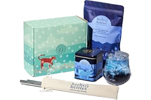 Herbs & Kettles Lavish Blue Tea Boba Kit | Butterfly Pea Flower Tea with Green Tea, Lemongrass, Ginger & Mint + Chewy Tapioca Pearls | DIY Color-Changing Bubble Tea Kit with Reusable Straws |