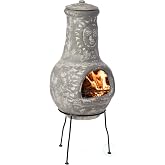 Outdoor Clay Chiminea Fireplace Sun Design Wood Burning Fire Pit with Sturdy Metal Stand, Barbecue, Cocktail Party, Cozy Nights Fire Pit, Gray