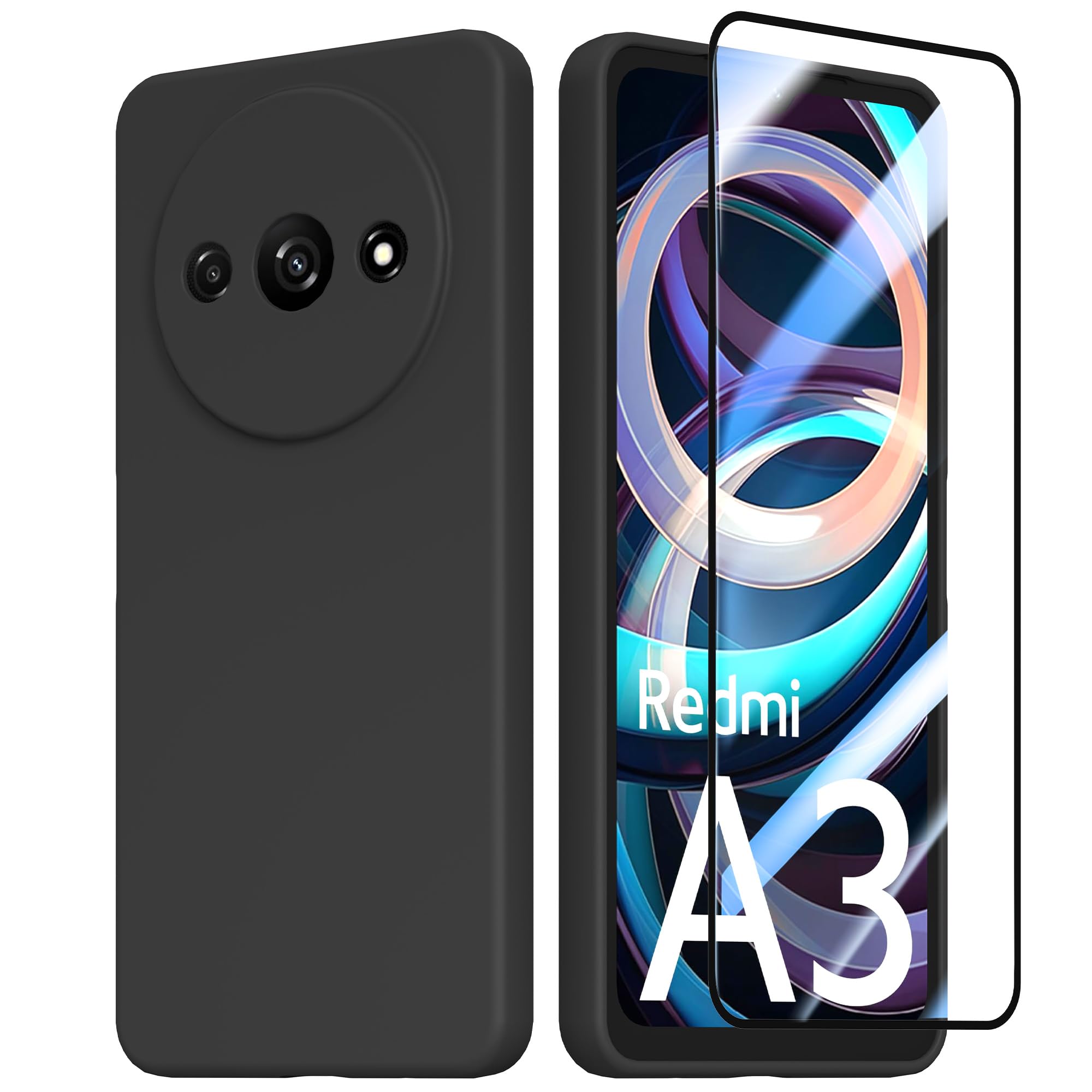 Namenand for Xiaomi Redmi A3 4G Phone Case, with 1 Pack Tempered Screen Protector, Camera Lens Full Protection, Liquid Silicone Slim Shockproof Cover Phone Case Xiaomi Redmi A3 4G 6.71 Inch - Black