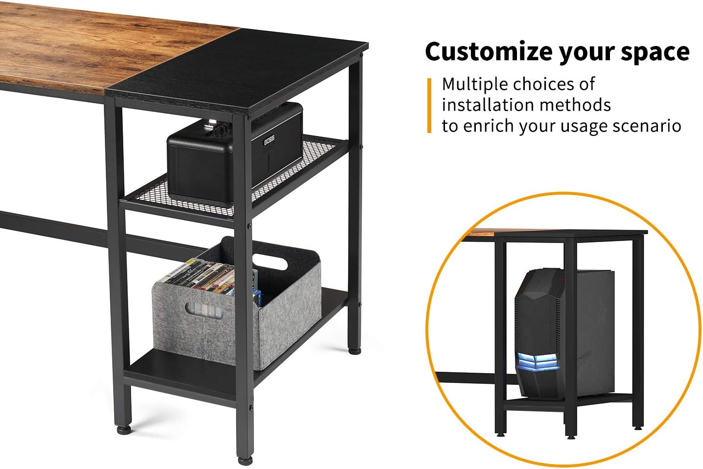 CubiCubi Computer Home Office Desk, 47 Inch Small Desk Study Writing Table with Storage Shelves, Modern Simple PC Desk with Splice Board, Rustic Brown and Black: Kitchen & Dining