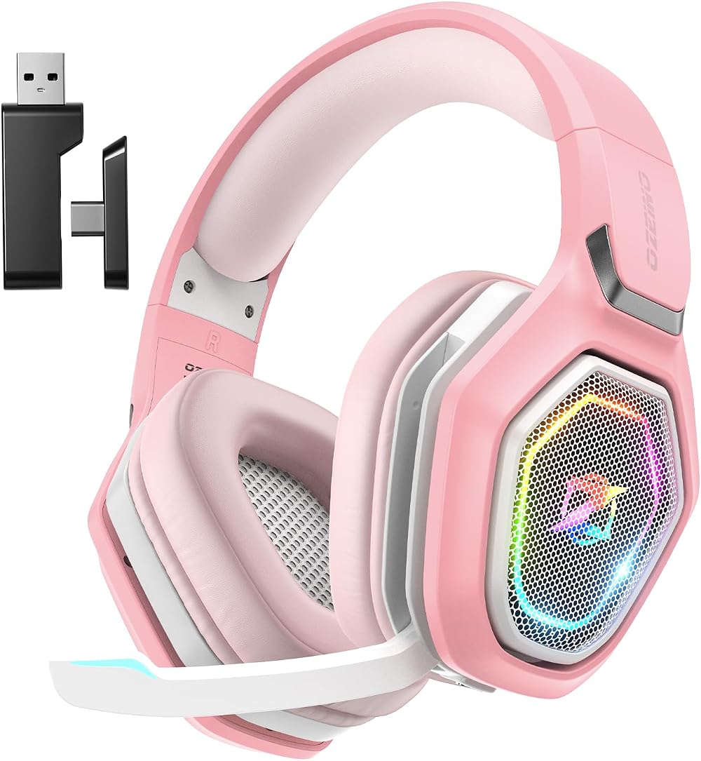 Ozeino Wireless Gaming Headset 2.4G Type C 40h RGB Pink PS5 PS4 PC
