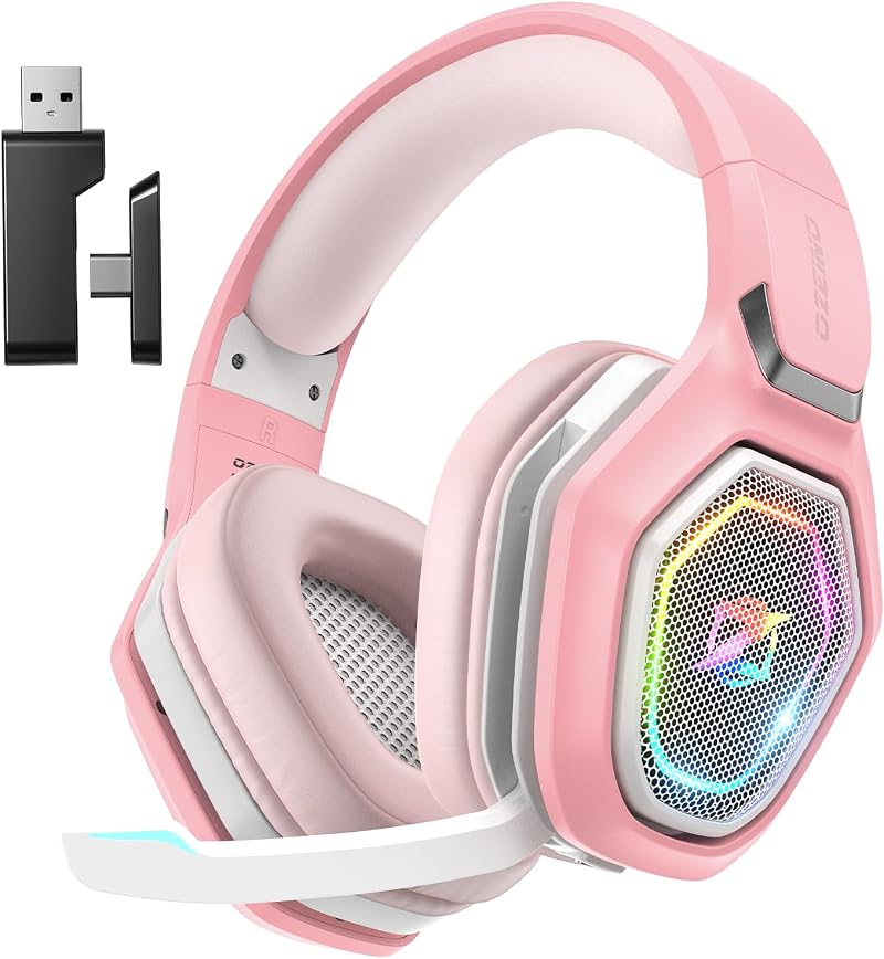 Ozeino Wireless Gaming Headset 2.4G Type C 40h RGB Pink PS5 PS4 PC
