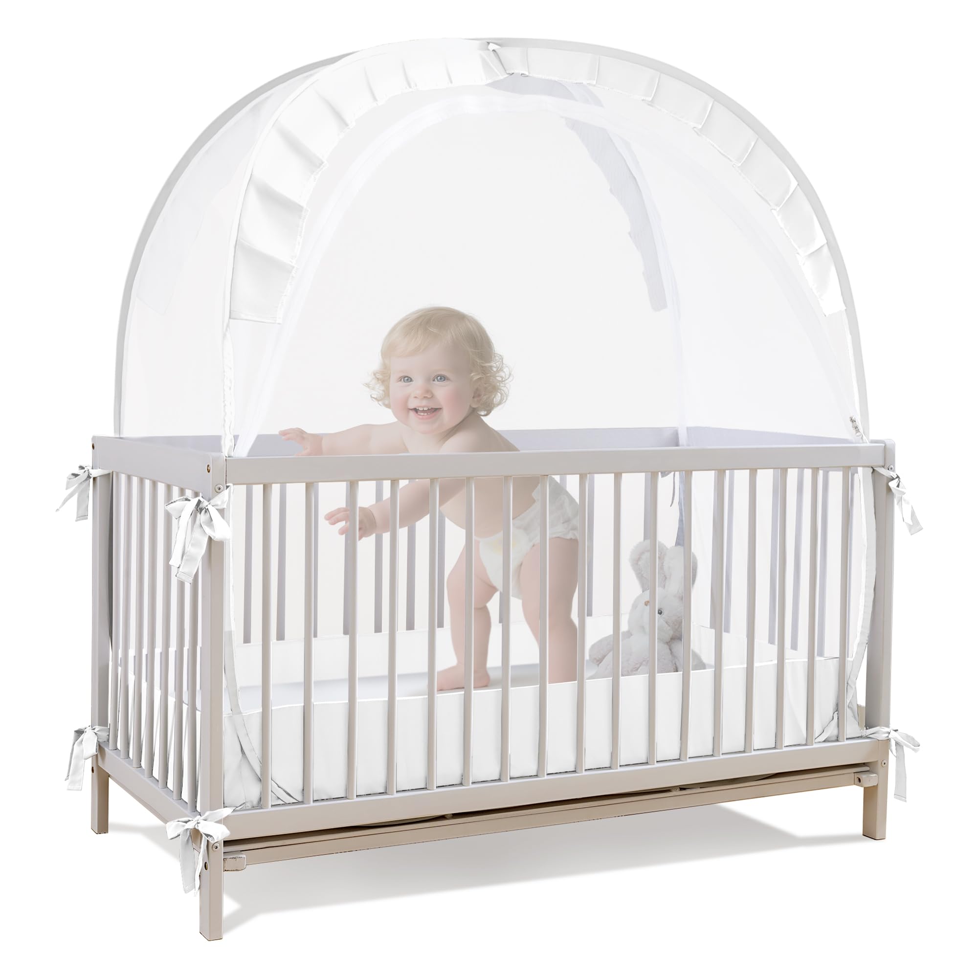 Photo 1 of Lazyzzzz Baby Crib Tent - Pop Up Crib Canopy with Double Zipper Self-Locked,1200 Holes/Inch Mesh Crib Net to Keep Baby from Climbing Out, Portable Easy Install 55" L x 27" W x 51" H White