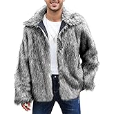 Kissonic Mens Faux Fur Coat Winter Warm Fur Jacket for Men Lapel Fluffy Furry Coats Outerwear