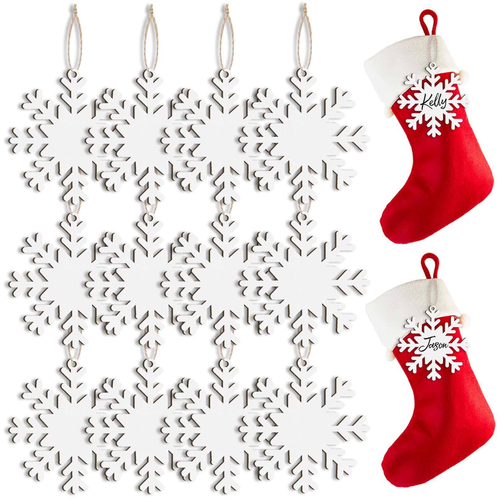 Photo 1 of 12 Pcs Name Tags for Christmas Stockings, Personalized Wooden Stocking Labels Gift Tags, Rustic Hanging Ornament Stocking Name Tags with White Snowflake Designs for Christmas Tree Decorations (Snow)