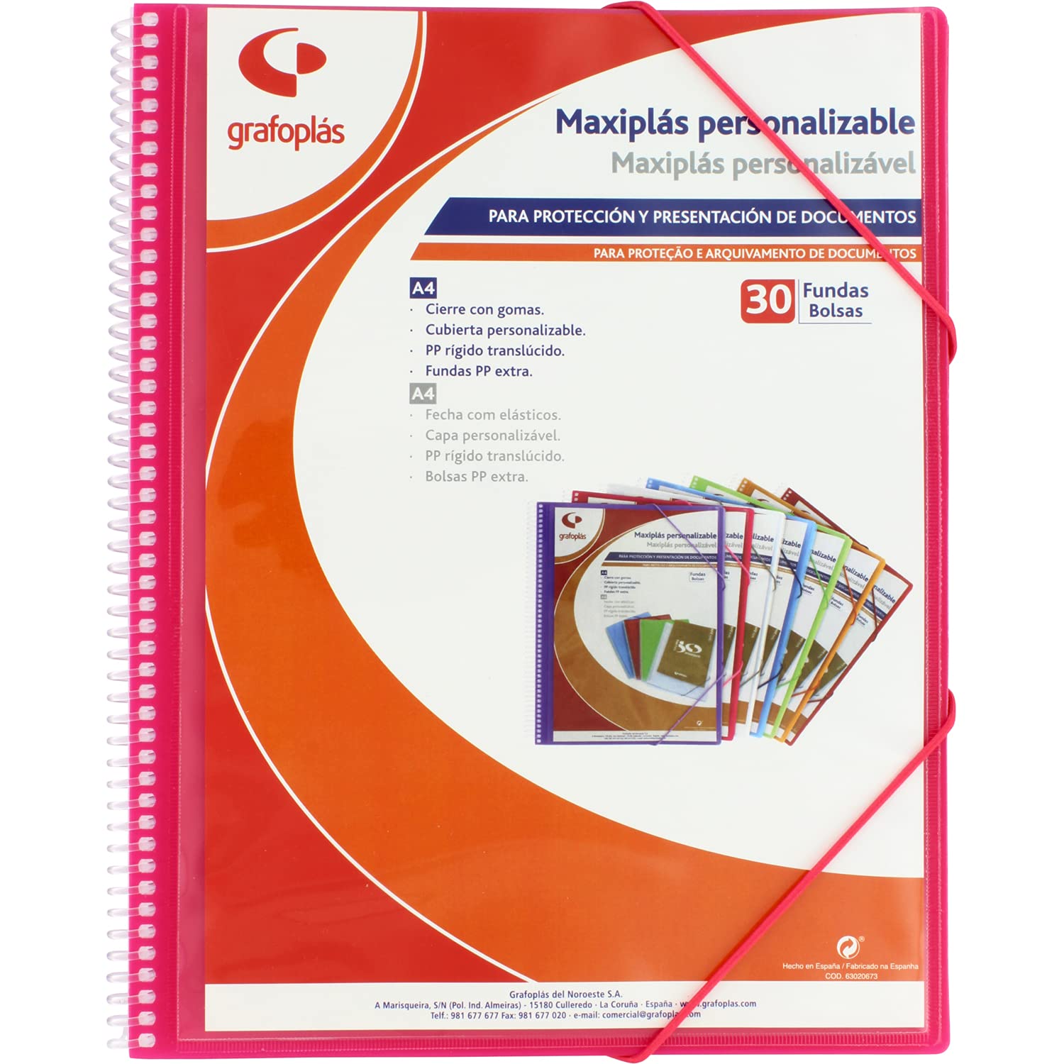 Grafoplás 39843054 Customisable Spiral Binder, 30 Transparent Covers, Fuchsia Pink, 30.8 x 24 x 14