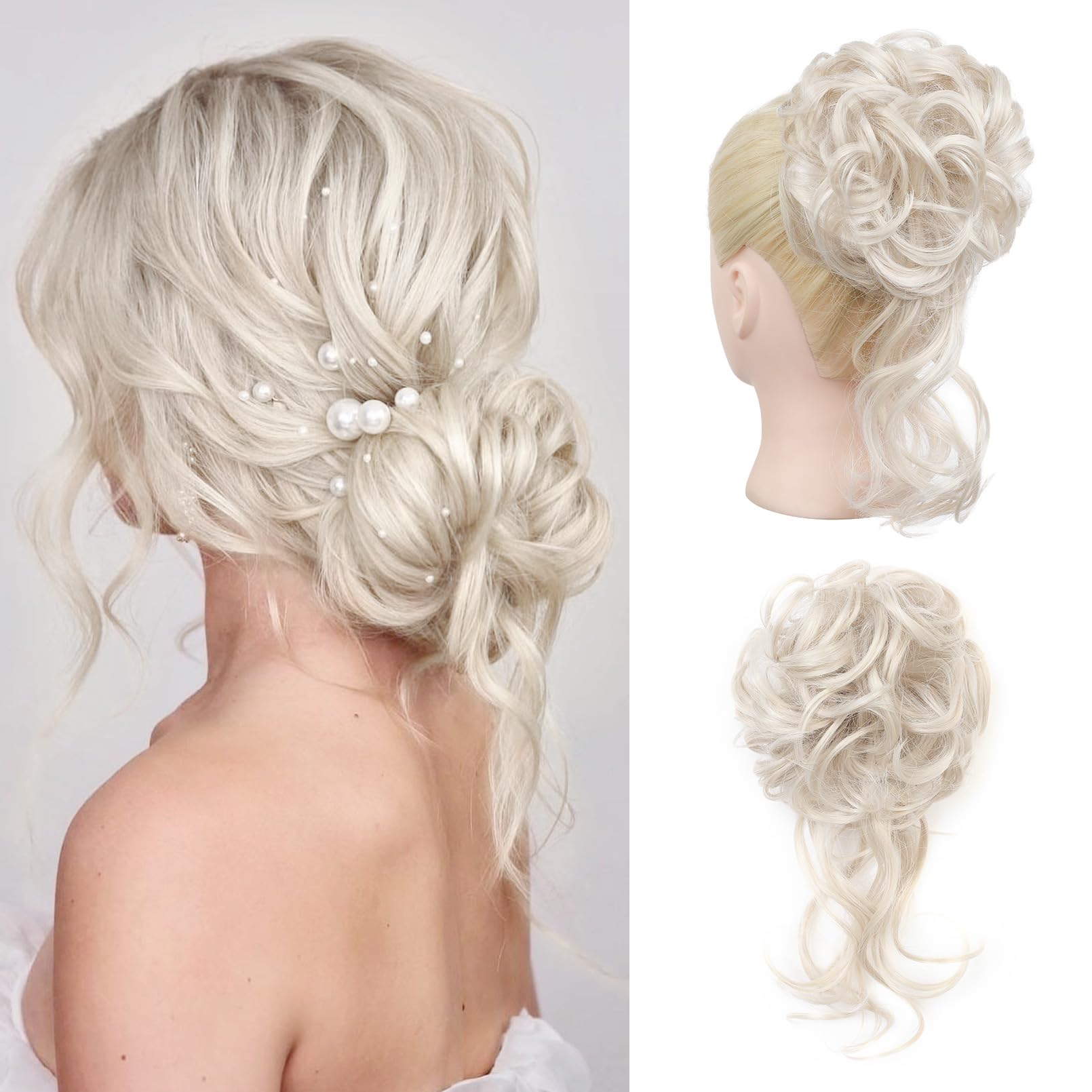 REECHO Messy Bun Hair Piece, Tousled Updo Elastic Hair Bun Hair Piece for Women Synthetic Messy Hair Bun Donut Accessories Scrunchies - Platinum Blonde