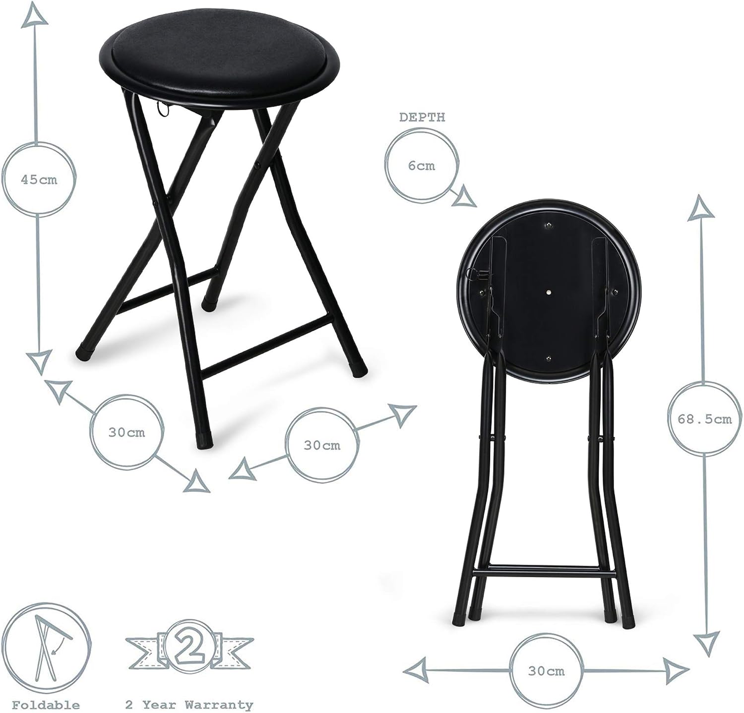 Nyxi Round Compact Folding Stool Chair for Home Office (1 X Stool, Black) - Image 3