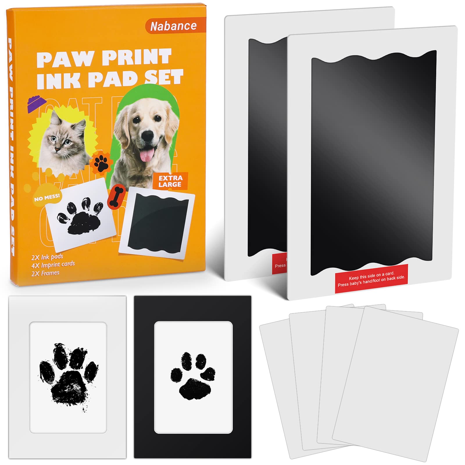 Nabance Paw Print Kit for Dogs & Cats, Non-Toxic Dog Paw Print Kit, 2 Large Size Inkless Ink Pads with 2 Photo Frames, 4 Imprint Card, PawPrint Stamp Pad, Pet Keepsake