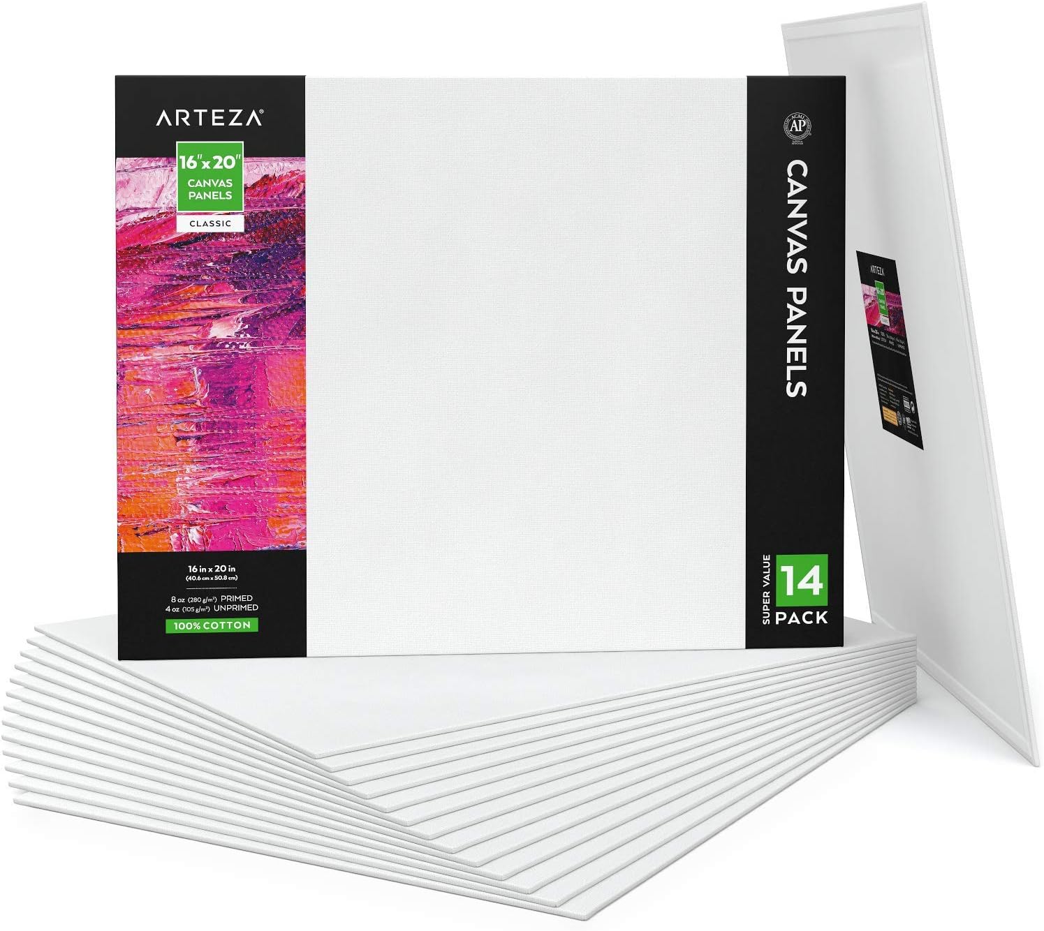 Arteza 16"x20" White Blank Canvas Panel Boards, Bulk (Pack of 14