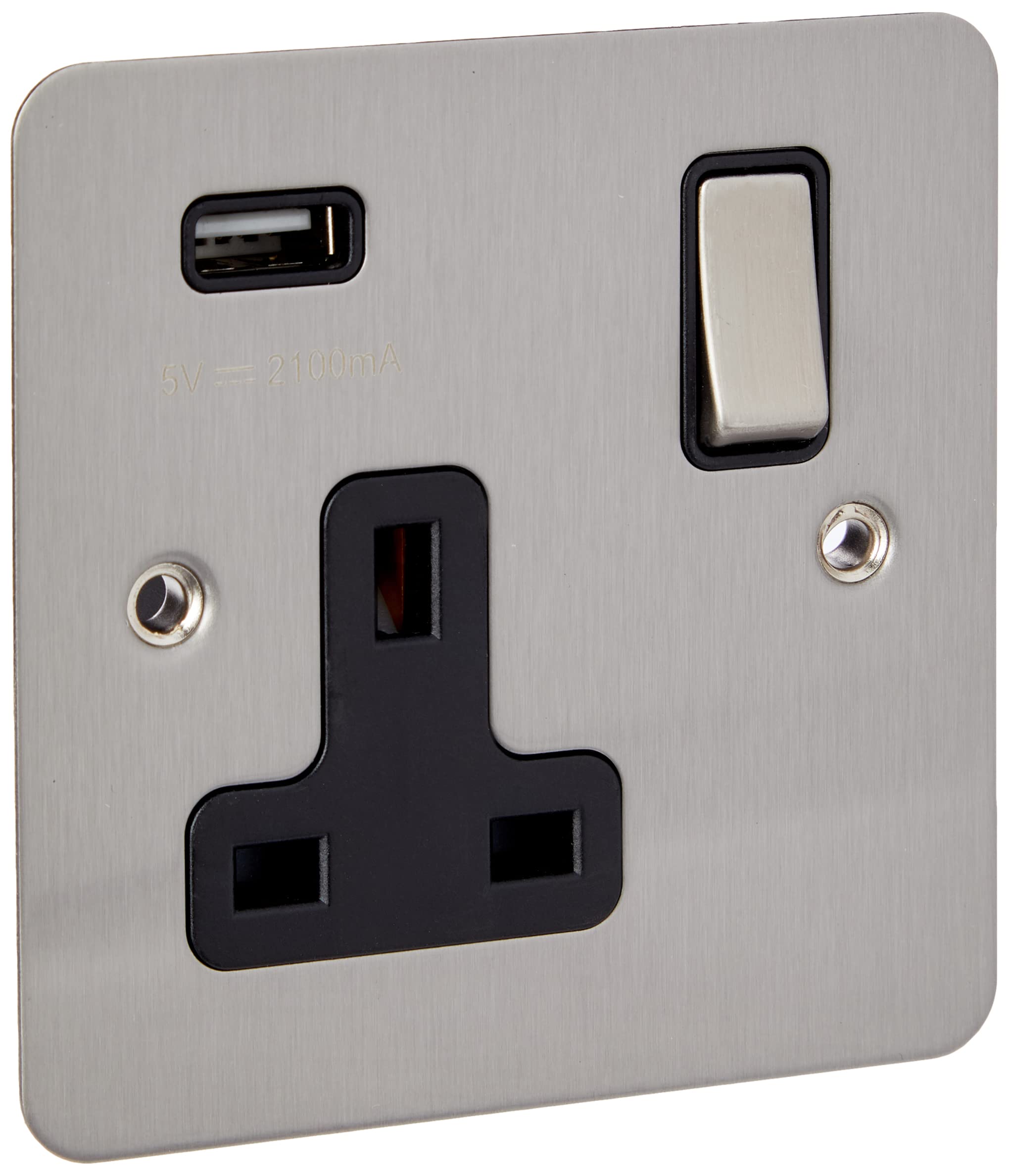AET USBFSC1GSOCBC 13 A 1-Gang Satin Chrome Flat Single Plug Socket USB Power Outlet W/USB Charging Port with Black Insert Metal Rocker Switch