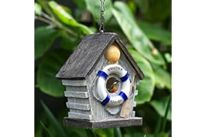 Hanging Bird House, Resin Bird Houses for Outside, Hand-Painted Birdhouses for Outdoor Patio Garden Decor Country Cottages Bi